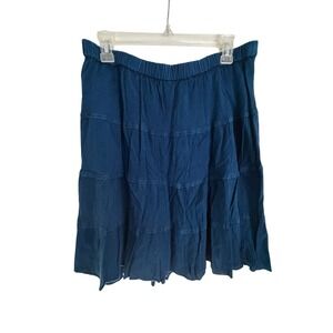 Studio West Teal Blue Tiered Rayon Mini Skirt Crochet Trim Elastic Waist Large